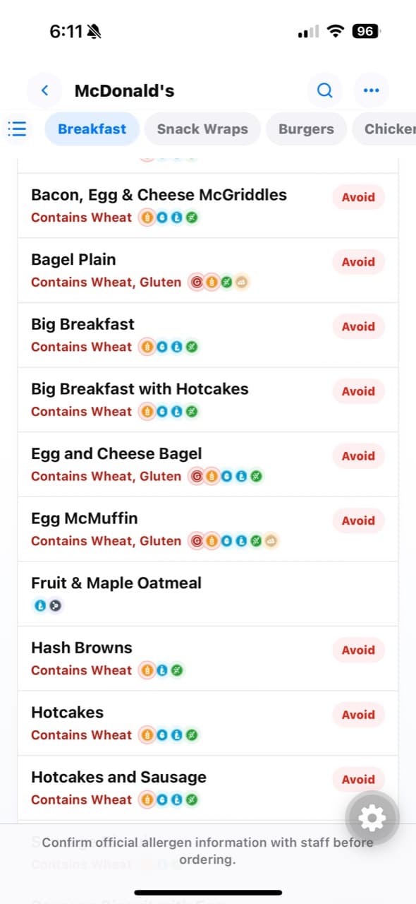 MySafeMenu showing allergen details for menu items at McDonald's